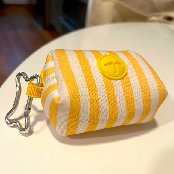 New yellow and white striped soft-sided dog poop bag holder. Bone-shaped clip. - Picture 1 of 4